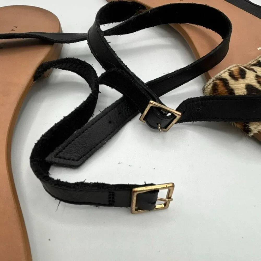 ZARA FLAT LEATHER SANDALS WITH LEOPARD PRINT STRAP SIZE 40 US 10 - Picture 5 of 8